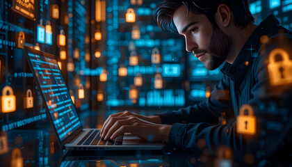 An IT professional works on cybersecurity using digital technology against a secure dark background.