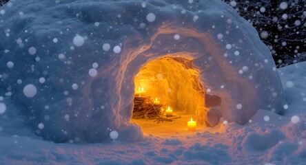Candlelit igloo in snowy winter wonderland creates cozy, magical feeling during snowfall