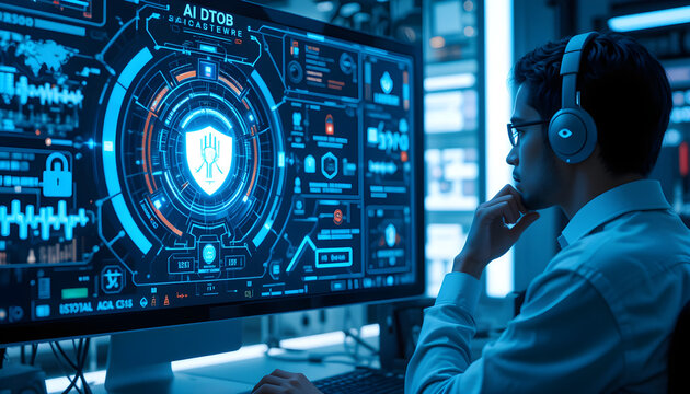 A technology worker monitors a futuristic interface displaying cyber security data in a dark,