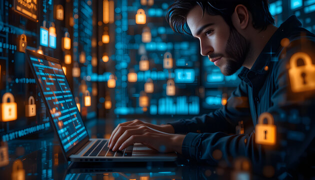 An IT professional works on cybersecurity using digital technology against a secure dark background.