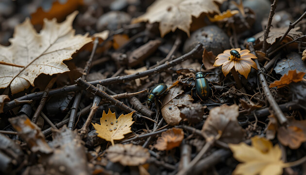 Metallic beetles crawling across the dark forest floor among dry autumn foliage and sticks.