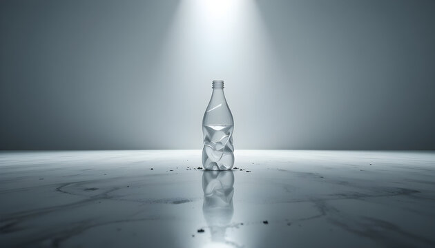 A crushed plastic bottle stands under dramatic lighting, representing critical environmental waste