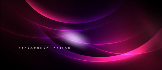 Abstract background features flowing curves, vibrant pinks, purples. Light source creates dynamic, modern visual effect. Simple text reads background design.