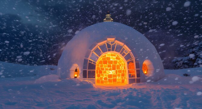 Magical igloo glows warmly during a winter snowstorm for arctic adventure inspiration - Powered by Adobe