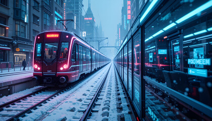Naklejka premium A neon train navigates through the winter city on snowy tracks.