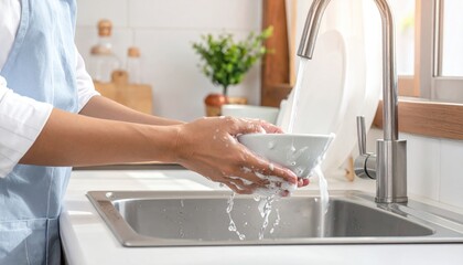 Close-up of a person's hands diligently washing a white ceramic bowl under flowing tap water in a bright, modern kitchen sink, symbolizing daily household chores and cleanliness