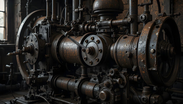 A close view shows a complex vintage machinery steam engine and industrial equipment.