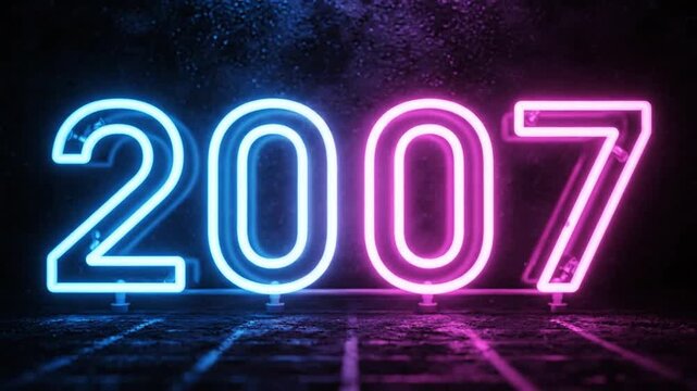 Vibrant neon sign displaying the year 2007 in glowing blue and pink against a dark textured