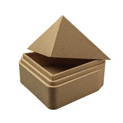 Open tan triangular box with pyramidal lid