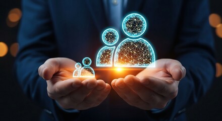 Businessman holding glowing digital people icons representing customer relationship management and human resources.