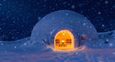 Magical winter night escape inside cozy snow igloo with warm light and falling snowflakes