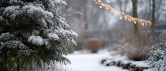 Snowy garden evergreen tree fairy lights winter soft focus bokeh tranquil