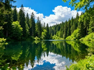 Serene forest lake with clear water reflecting trees and sky