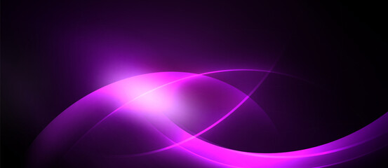 Abstract purple lines create luminous curves. Bright glow emanates from central point, contrasting dark background. Modern design.