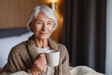 Smiling elderly woman enjoying a warm drink in cozy retreat setting