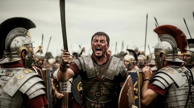 Hannibal Barca shouts victory at the Battle of Cannae with sword raised among his troops in 216 BC