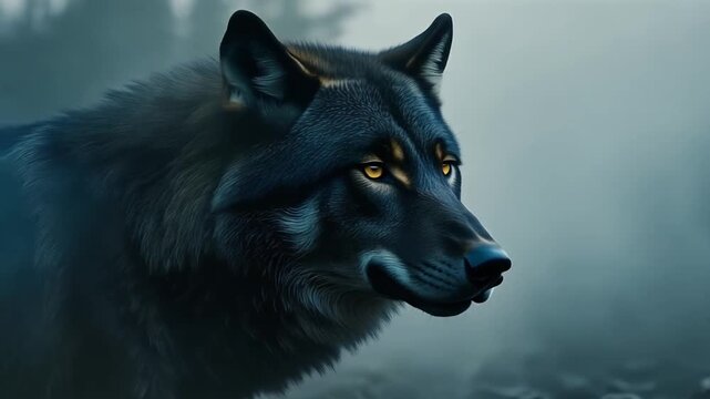 Black wolf head in fog