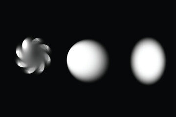 Vector illustration of three gradient blurred white shapes including a spiral circle and oval on black background