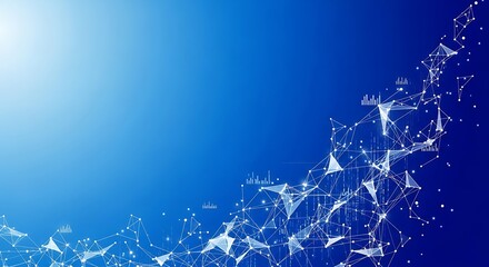 Abstract geometric network with connected lines and dots on a blue gradient background, representing data connection, science, and technology