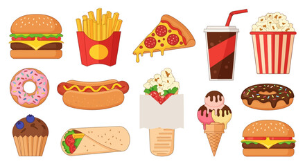 Colorful Cartoon Collection of Popular Fast Food and Snack Illustrations A Delicious Assortment of Quick Meal and Sweet Treat Vector Graphics