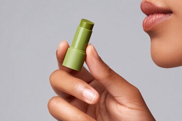 A hand holds matcha lip balm near soft, healthy lips