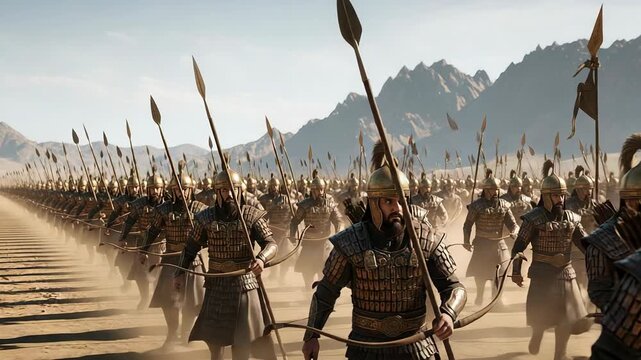 Persian Immortals march in unison with spears swaying and dust rising in ancient battlefield setting