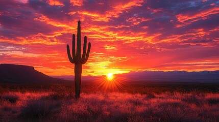 Dramatic desert sunrise with saguaro. Vivid colors paint the sky as the sun rises over a desert landscape