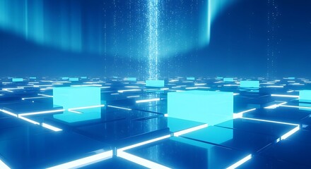 A grid of glowing cubes under a blue light, representing data centers, cloud computing, and the digital infrastructure of the modern world