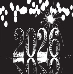 Future year 2026 numbers with a dark grunge appearance and ink splatters reflecting on a black surface.