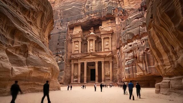 Sunlight illuminating Petra Treasury Al Khazneh while fine sand drifts in the foreground
