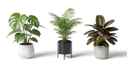 Obraz premium A curated collection of popular indoor plants like Monstera, Palm, and Calathea in modern decorative pots