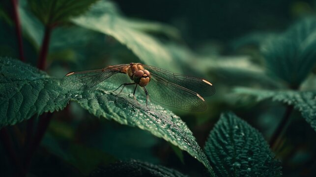 Dragonfly perched on green leaf by fjord