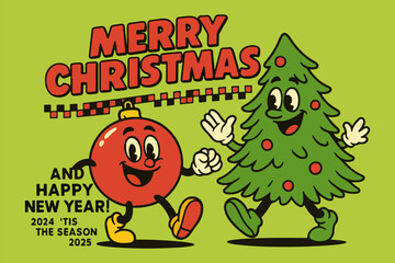 Happy new year greeting card vector illustration with a merry winter holiday celebration design featuring a cartoon snowman, Christmas tree, and Santa