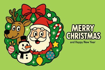 Merry Christmas holiday card illustration with cartoon Santa Claus, reindeer, and snowman vector design