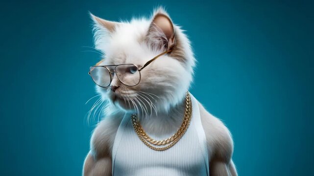 Unique fluffy cat dressed in a tank top and gold chain posing with glasses against a colorful backdrop