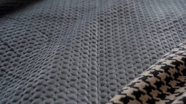 Close-up of cozy bed textiles with soft waffle blanket and houndstooth patterned throw, showcasing detailed fabric textures and warm interior design ambiance