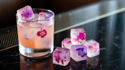 Glass of floral-infused cocktail with decorative ice cubes on a marble countertop, suitable for bars and cocktail lounges, beverage promotions, visual presentations, bar menu, recipe, 