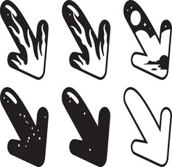 Six hand drawn doodle arrows pointing down right with rough chalk-like texture for indicating direction