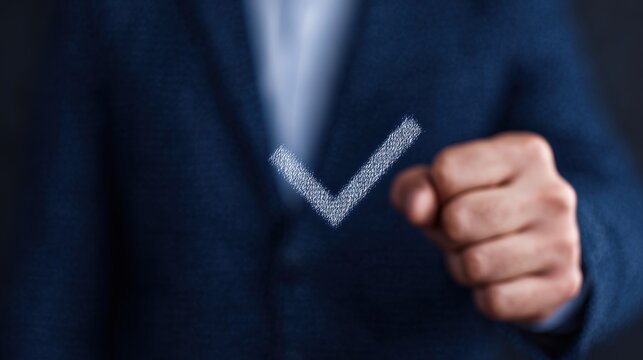 Businessman showcases digital quality assurance check icon in modern office environment to highlight industry standards