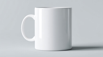 Fototapeta premium Close up of a single plain white ceramic mug with handle on light gray