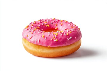 Single Doughnut with Pink Icing and Colorful Sprinkles on a White Background
