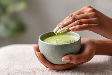 Hand dips into green matcha mask for refreshing skincare