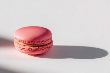 Single Pink Macaron on White Surface with Soft Shadows in Pastel Coloring