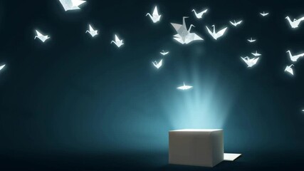Origami birds emerging from magical glowing box, luminous paper cranes flying upward in dreamy blue atmosphere, creative imagination freedom concept with sparkling light effects and fantasy motion ani