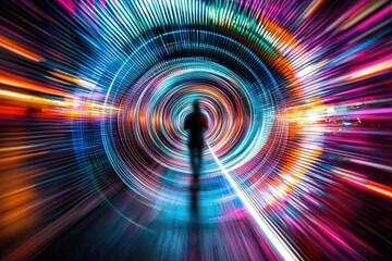 A captivating abstract image of a person standing in a colorful swirling vortex of light and energy.