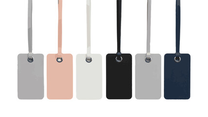 Row of Six Blank Rectangular Luggage Tags in Various Colors on White Background empty