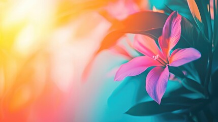 A vibrant close-up of a beautiful pink flower surrounded by lush green leaves in soft lighting.
