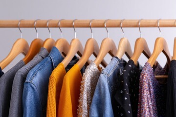 Colorful clothing rack featuring gender inclusive styles and fabrics