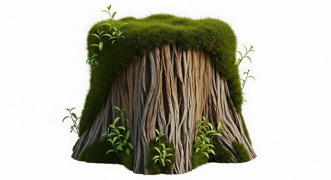 Vibrant Mossy Tree Stump Illustration with Green Foliage on White Background.
