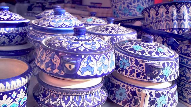 Blue Pottery on crockery a traditional art of pottery in Multan, Pakistani handicrafts work at nasarpur town Sindh, Paksiatn